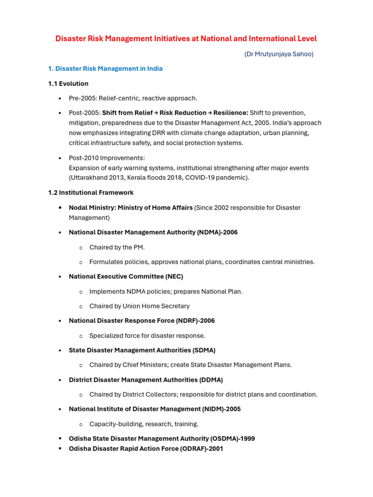 Disaster Risk Management Initiatives at National and International ...