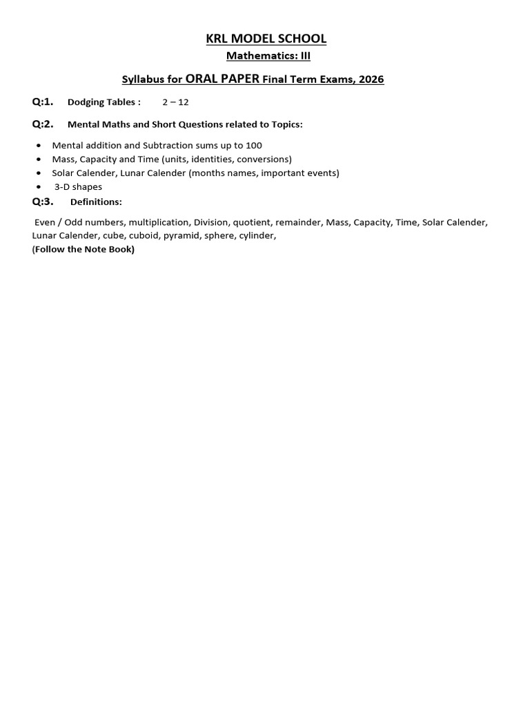 Class 3 Maths (Viva Syllabus, Final Term Exams, 2026) | PDF