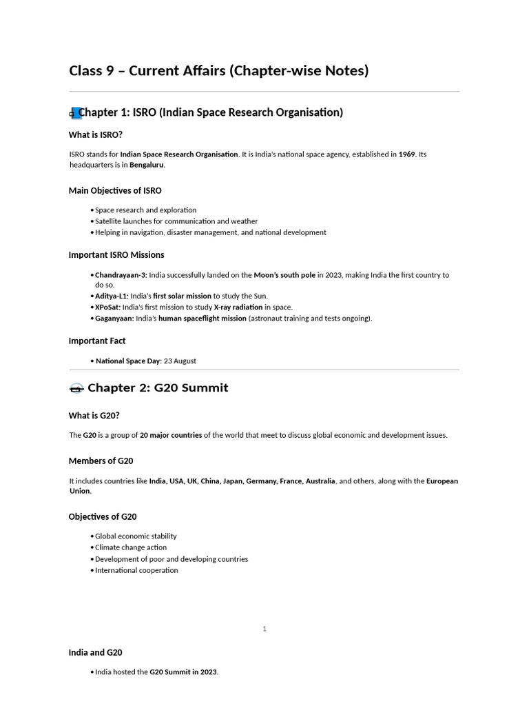 Class 9 Current Affairs - Chapter-Wise Notes | PDF | Outer Space ...