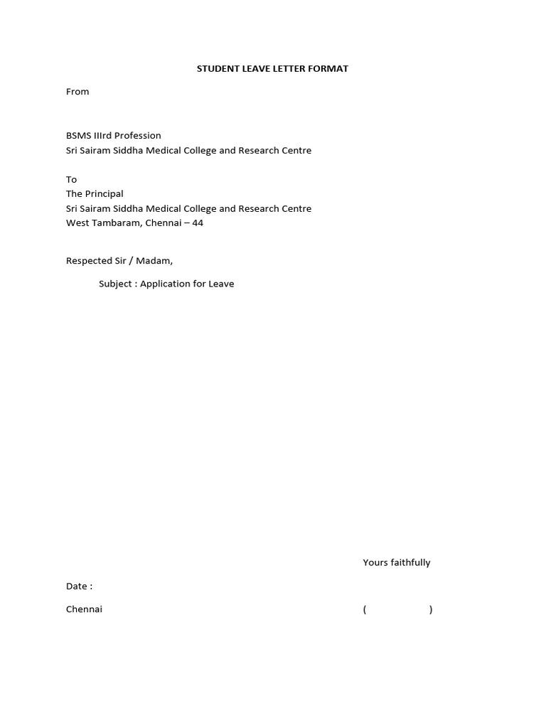 Student Leave Letter Format | PDF