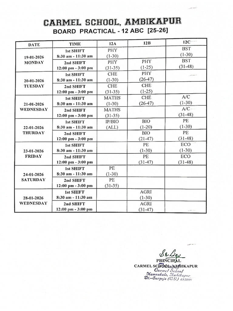 Board Practical Time Table | PDF
