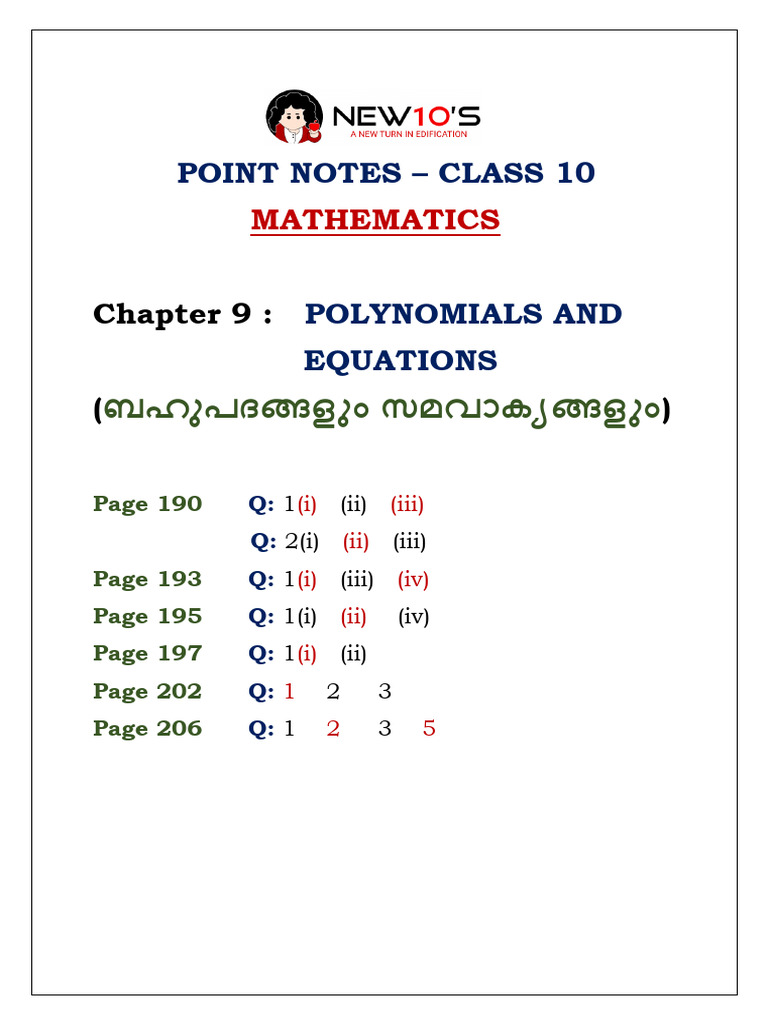 Point Notes 10 Ch9 Polynomials and Equations | PDF