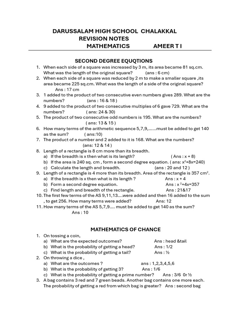 Sslc Maths Revision Questions 2026 Note 2 | PDF | Circle | Euclidean ...