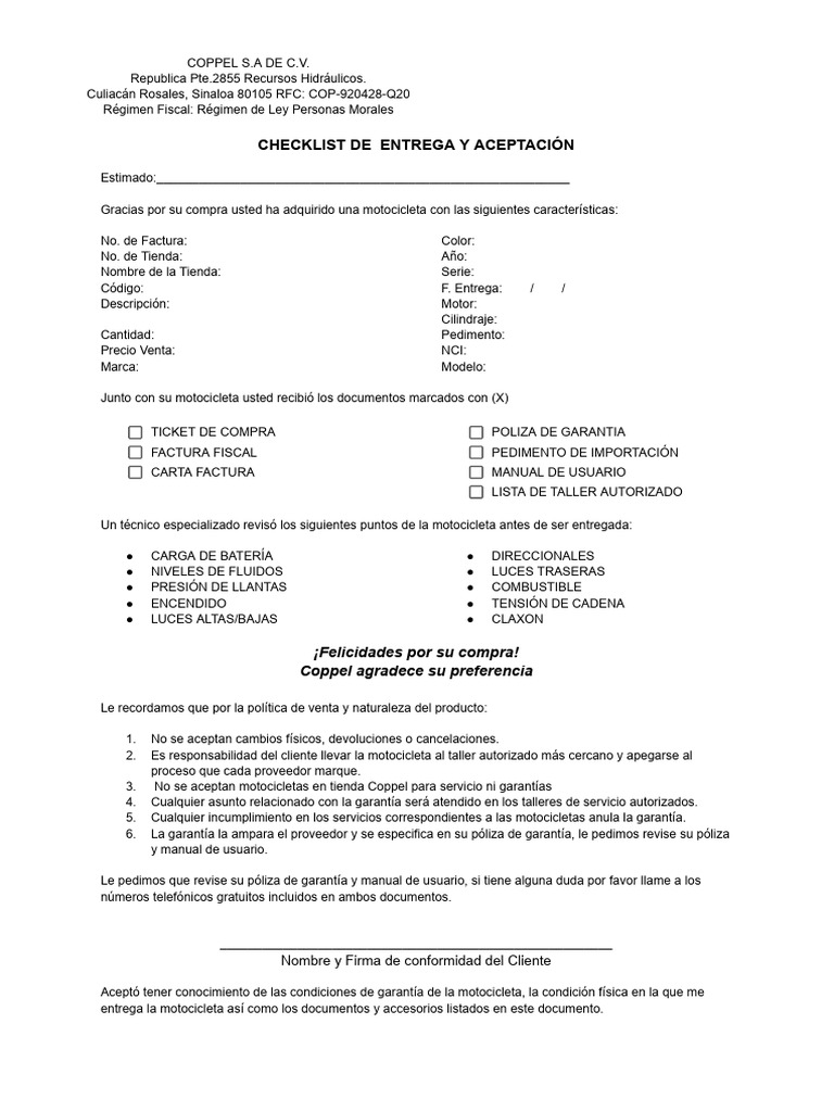 Check List Entrega | PDF | Vehículo de motor