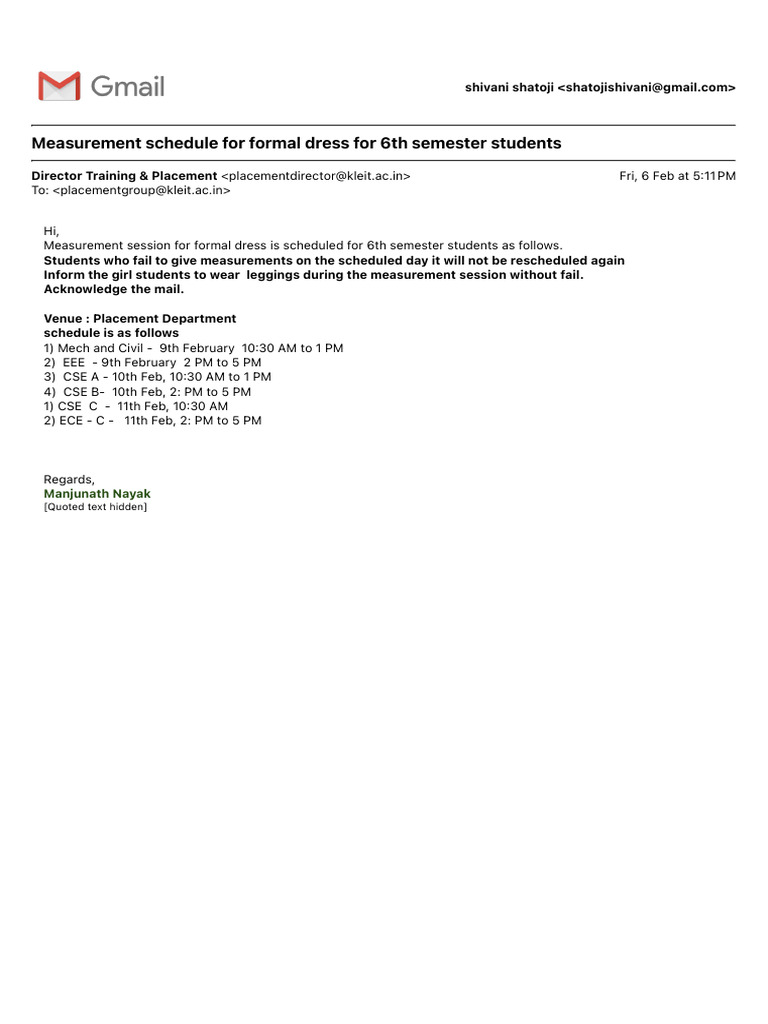 Measurement Schedule for Formal Dress for 6th Semester Students | PDF