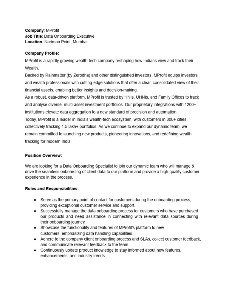 MProfit JD - Data Onboarding Executive | PDF | Data | Business
