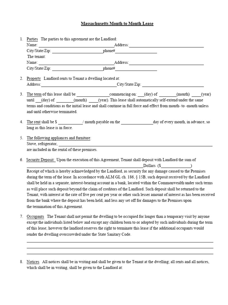 Massachusetts Month to Month Rental Agreement Form | PDF | Lease ...