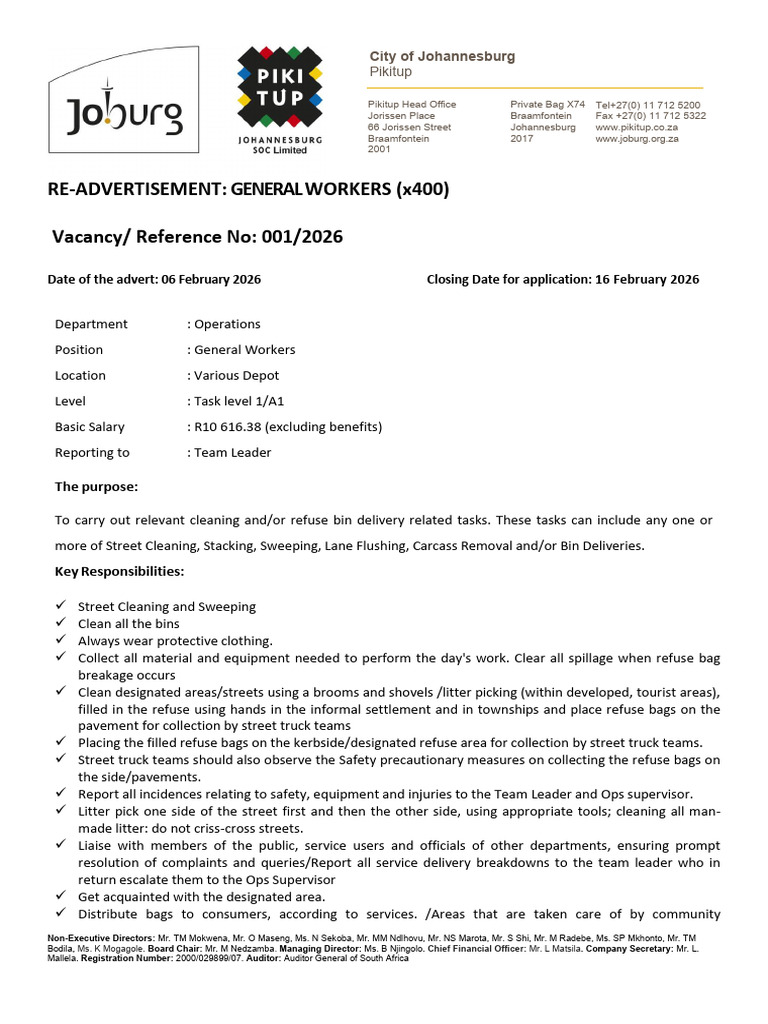 Vacancy - Reference No - 001-2026 - Re-Advert General Workers - PIKITUP ...
