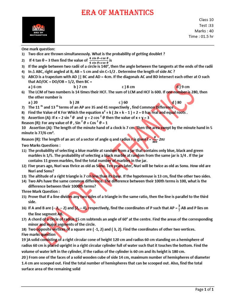 Test 33 Maths Class 10 | PDF | Sphere | Circle