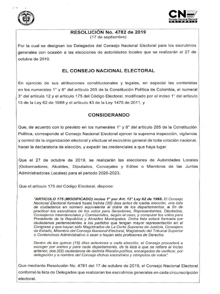 Resolucion 4782 2019 Reemplazo | PDF | Legislador | Alcalde