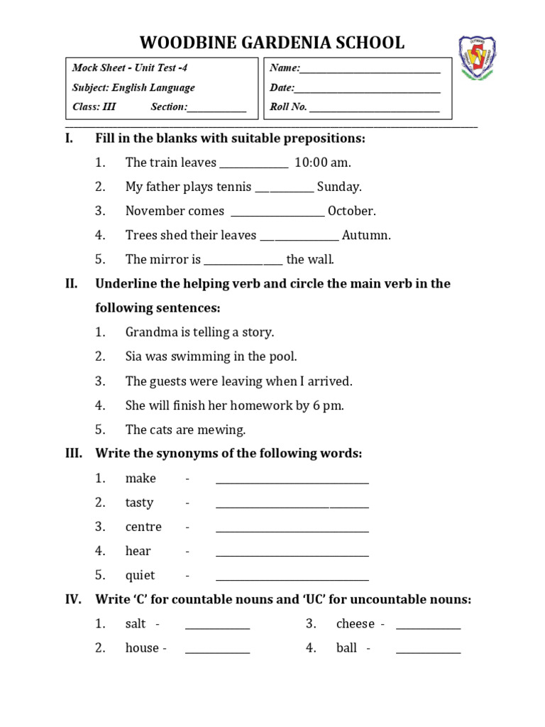 Mock Sheet English Language Unit Test - 4 2025-26 Class III | PDF ...