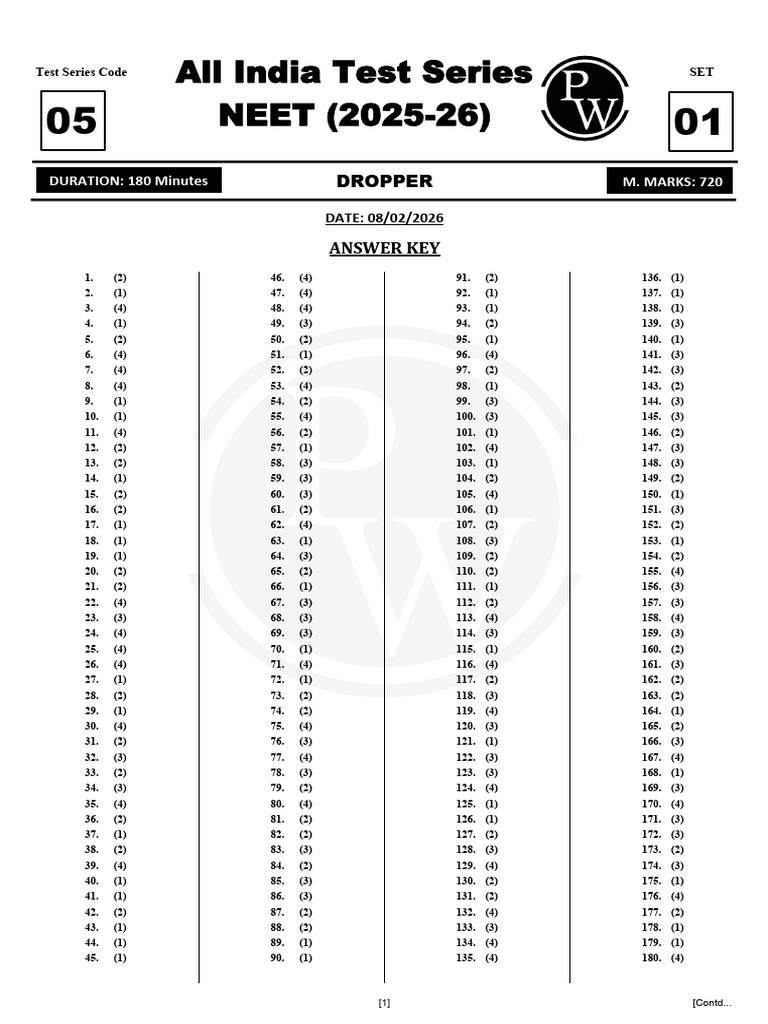 AITS Test 05 Hints and Solution Yakeen NEET 20 2026 | PDF | Chemistry