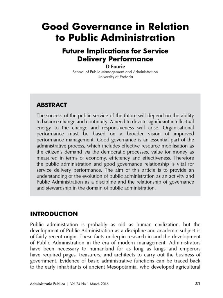 Fourie 2016 Good Governance in Relation To Public Administration | PDF ...