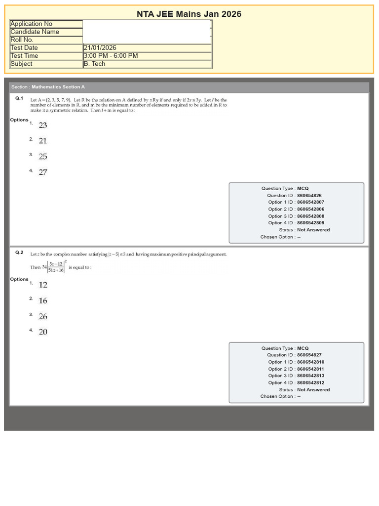 Jee Main 2026 Jan 21 Shift 2 Question Paper 1770195950 | PDF | Tests ...