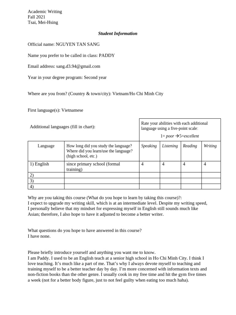 Academic Writing Student Info Sheet | PDF
