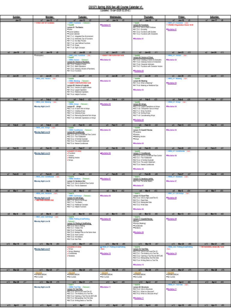 CS1371 Course Calendar 2026 01 Spring AB v1 | PDF | Computing ...