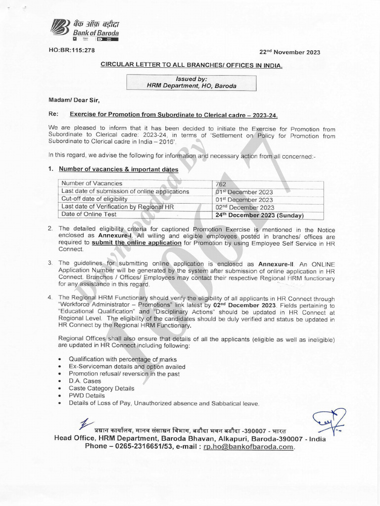 Exercise For Promotion From Subordinate To Clerical Cadre - 2023-24 ...