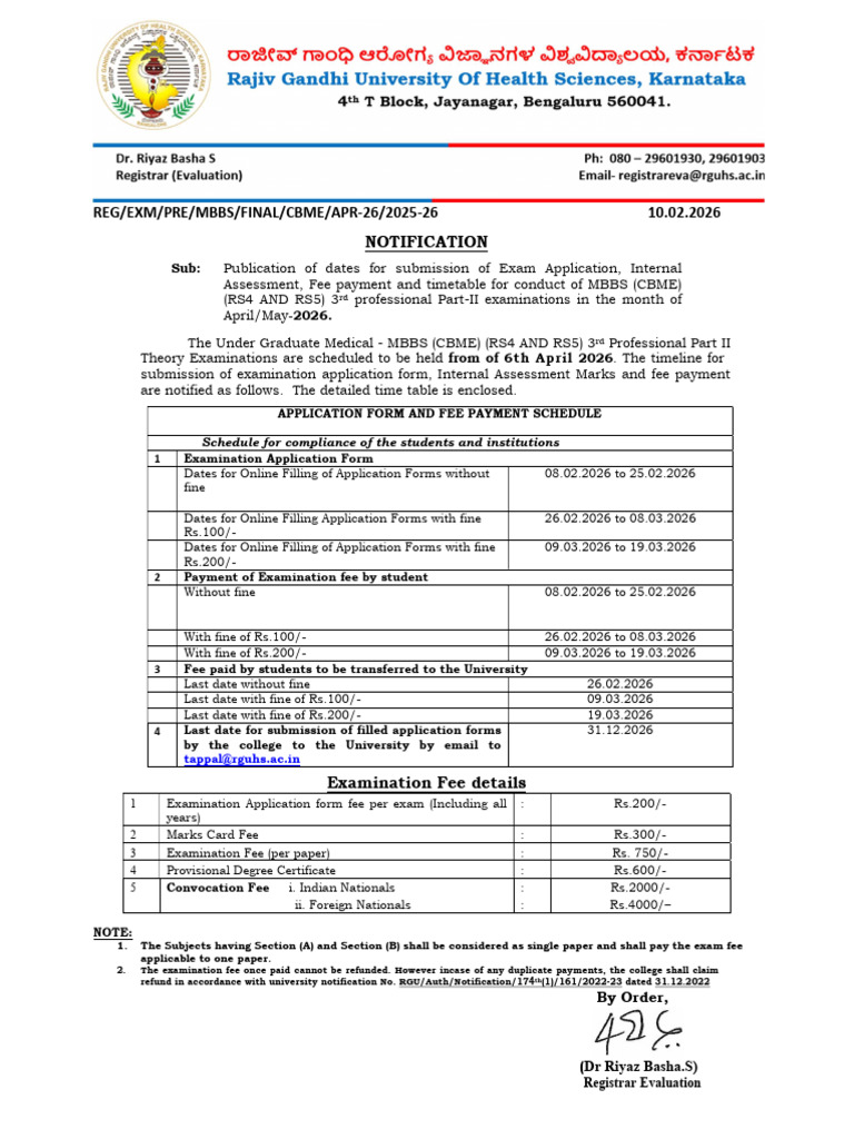 Exam Notification Mbbs Rs4 Final Apr May 2026 | PDF