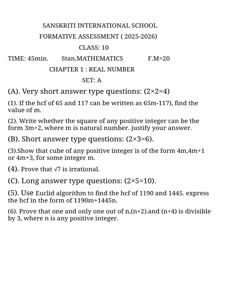 Class 10th Test Paper Set A | PDF