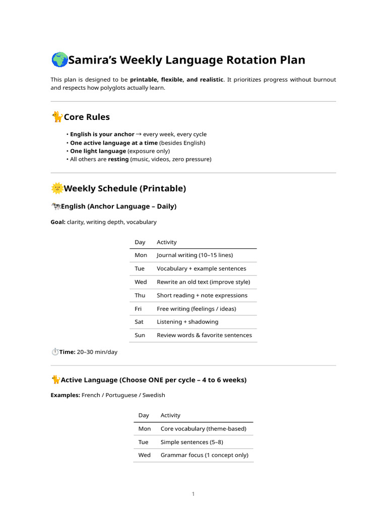 Samira's Weekly Language Rotation Plan | PDF | English Language ...