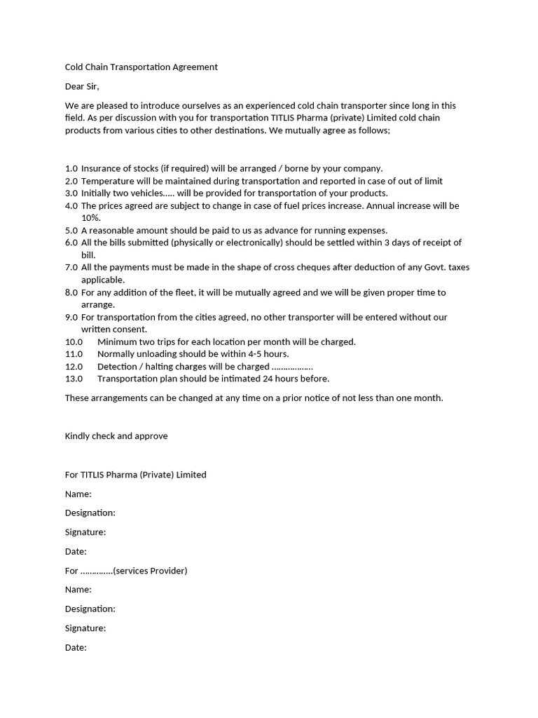 Cold Chain Transportation Agreement | PDF