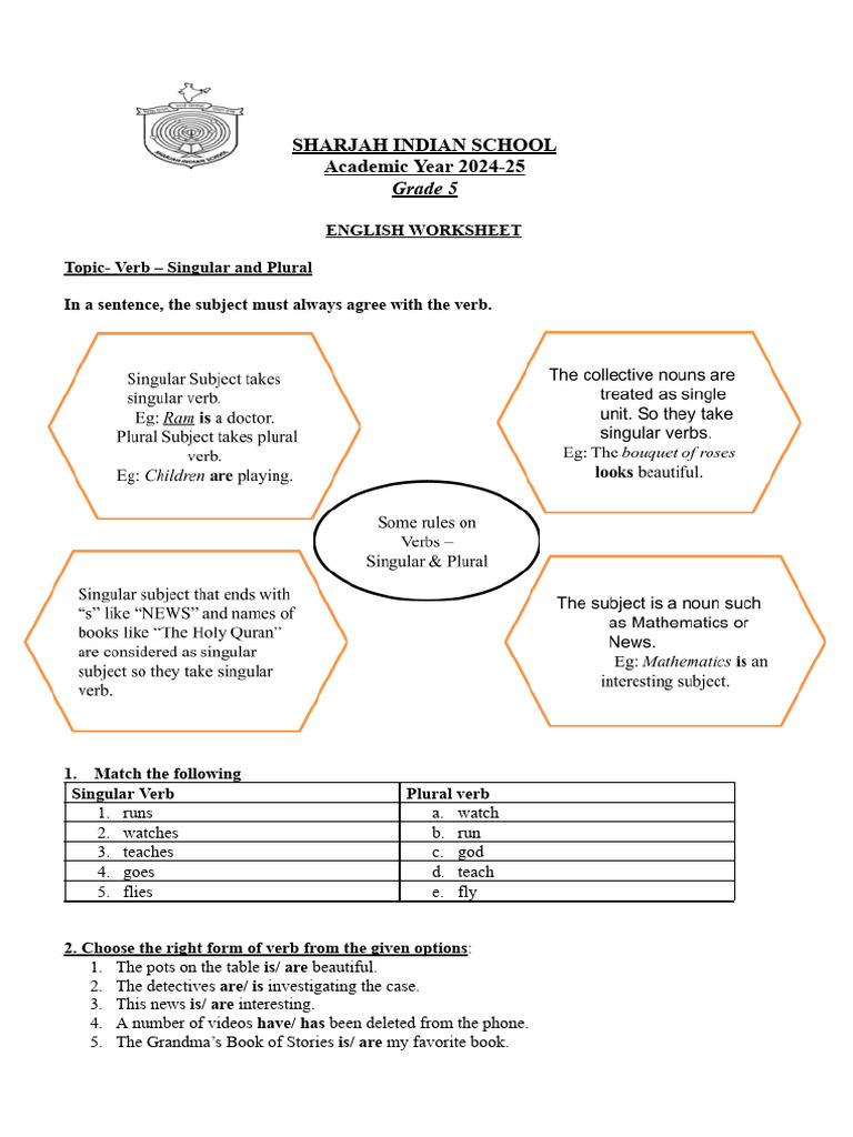 Grade 5 English Worksheet - Subject - Verb Agreement | PDF