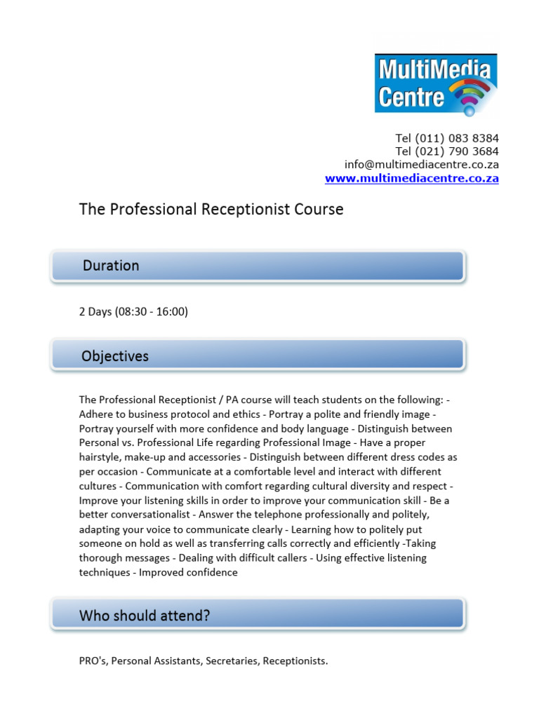 The Professional Receptionist Outline | PDF | Communication | Human ...