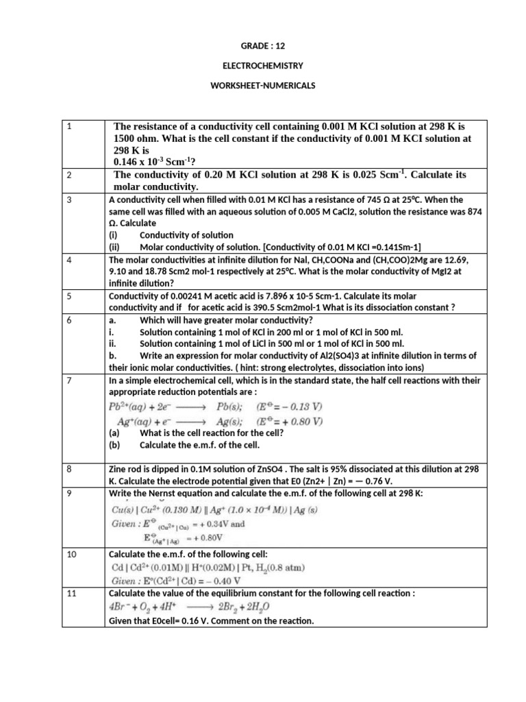 Grade 12 Electrochemistry Numericals Worksheet | PDF