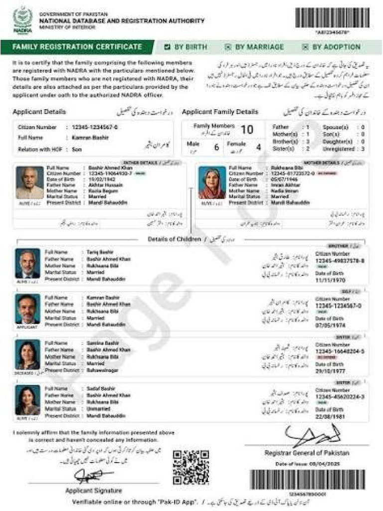 Family Registration Certificate (FRC) | PDF