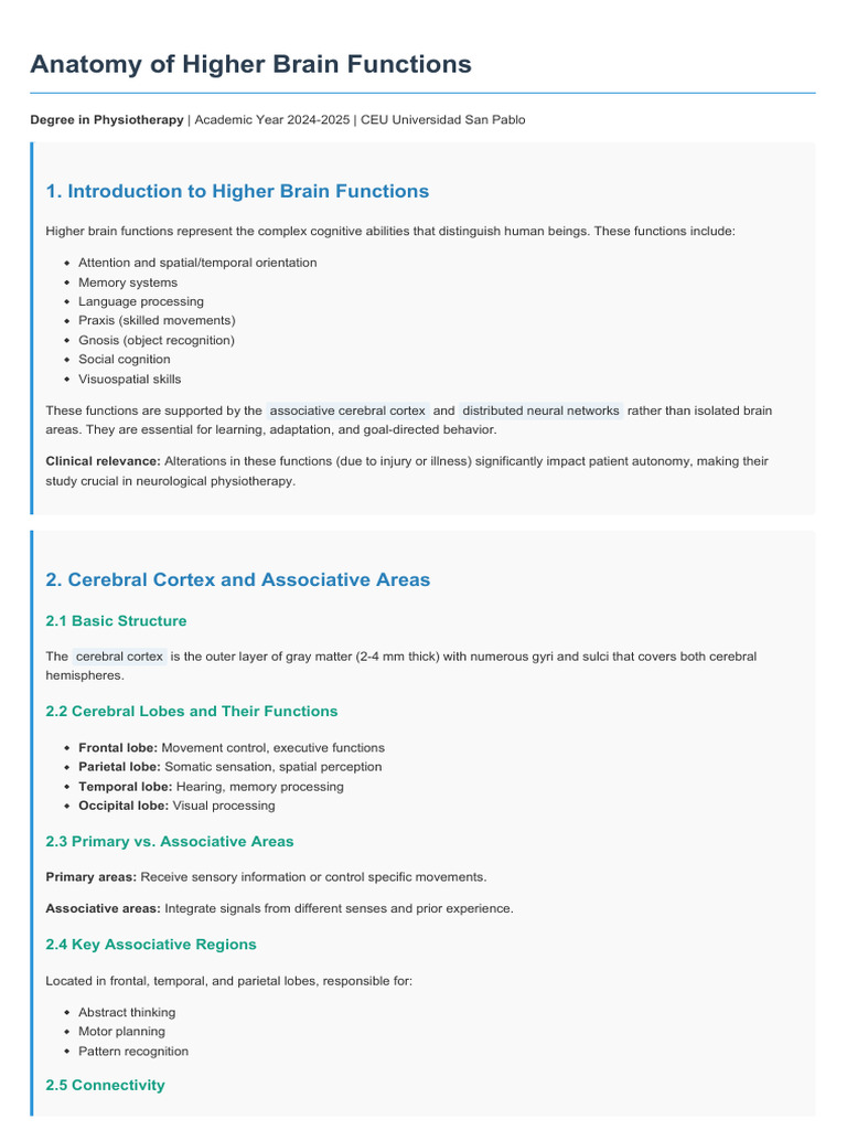 Anatomy of Higher Brain Functions | PDF | Cerebral Cortex | Memory