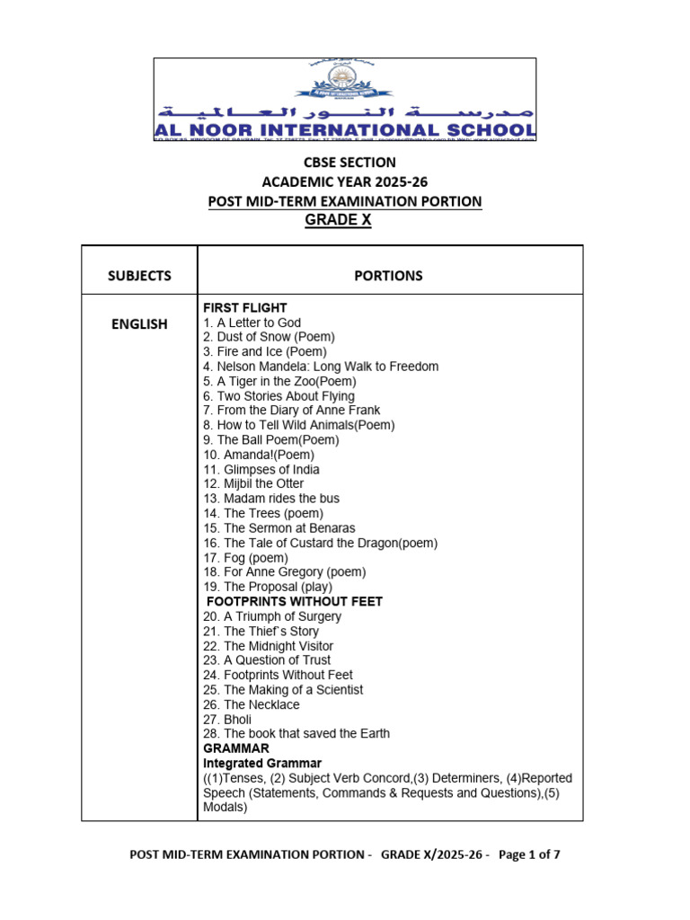 Grade X - Portion For Post Mid Term Examination (2025-2026) | PDF