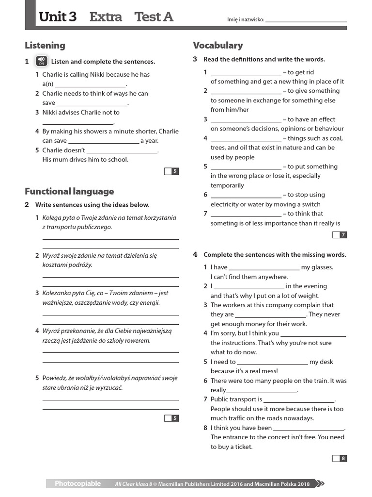 All Clear Kl8 Unit3 Extra Test A | PDF | Recycling | Waste