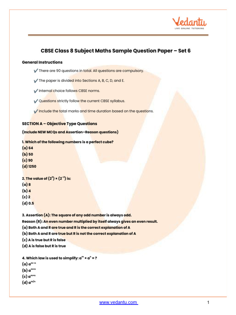 CBSE Class 8 Maths Sample Paper 2025-26 (Mock Paper 6) PDF | PDF ...