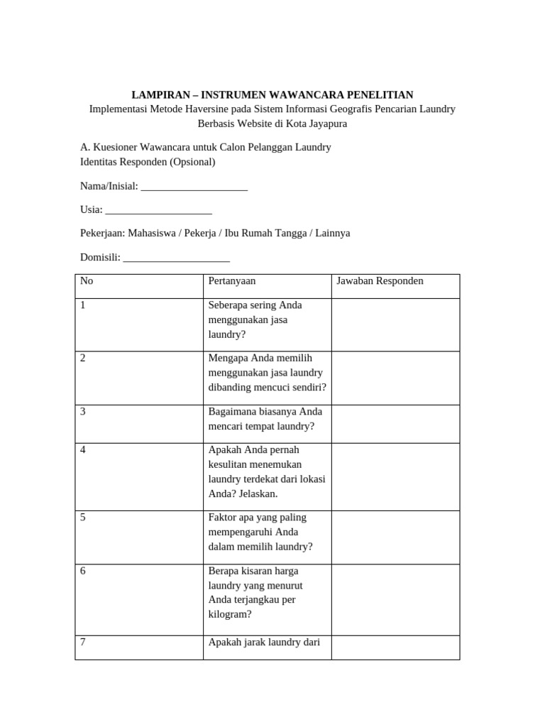 Kuesioner Wawancara Laundry SIG | PDF