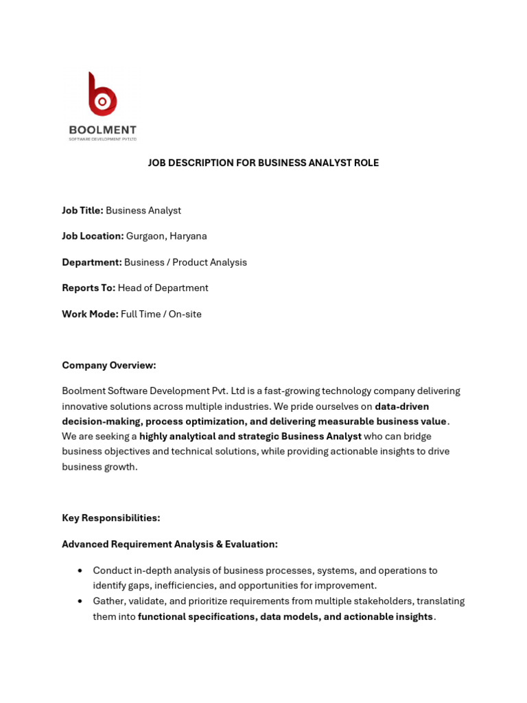 JD For Business Analyst Role | PDF | Business Process | Performance ...