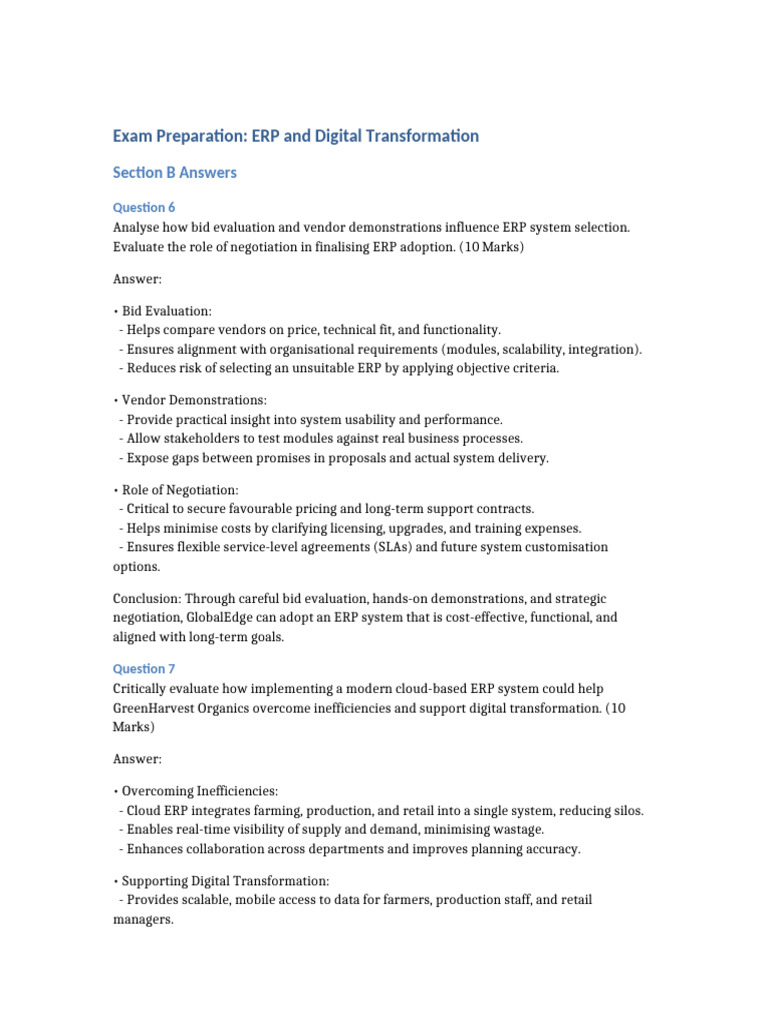 Exam Preparation ERP Digital Transformation | PDF | Enterprise Resource ...