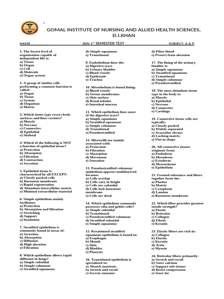 Anatomy Paper - Guess Paper of BSN Nursing | PDF