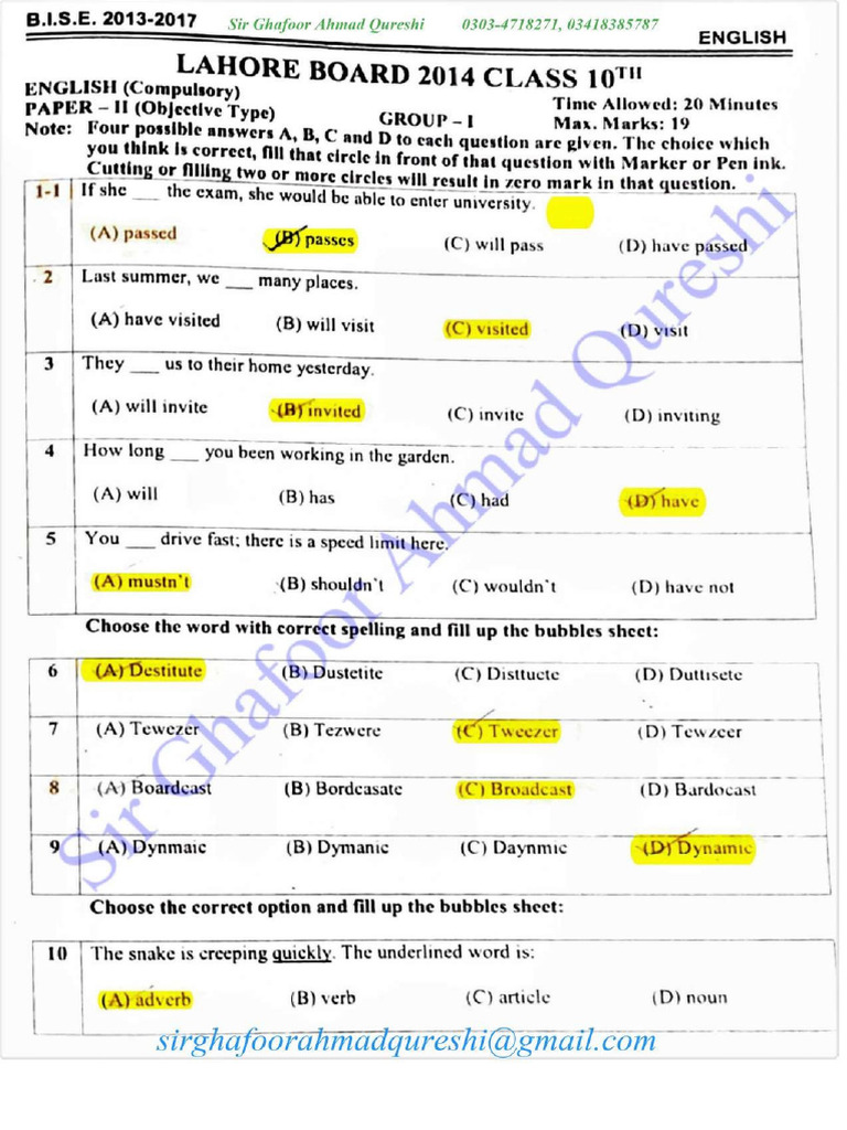 Past Papers Objective English-10 (2014-2023) Highlighted Solved JP ...