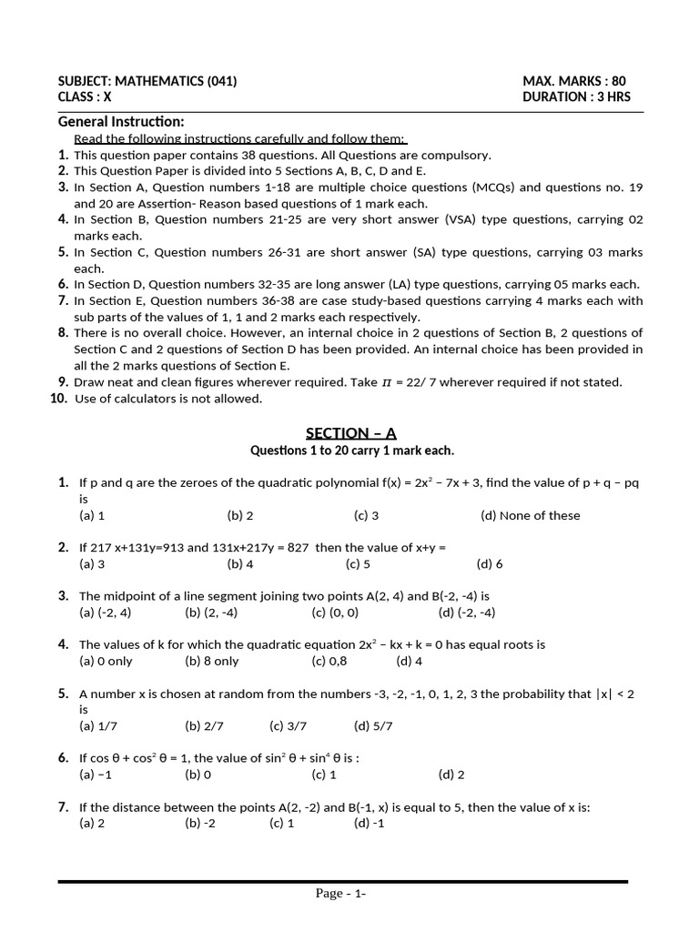 General Instruction:: Subject: Mathematics (041) Max. Marks: 80 Class ...