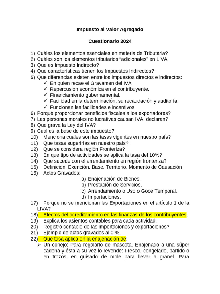Cuestionario IVA 2024 | PDF | Impuestos | Impuesto al valor agregado