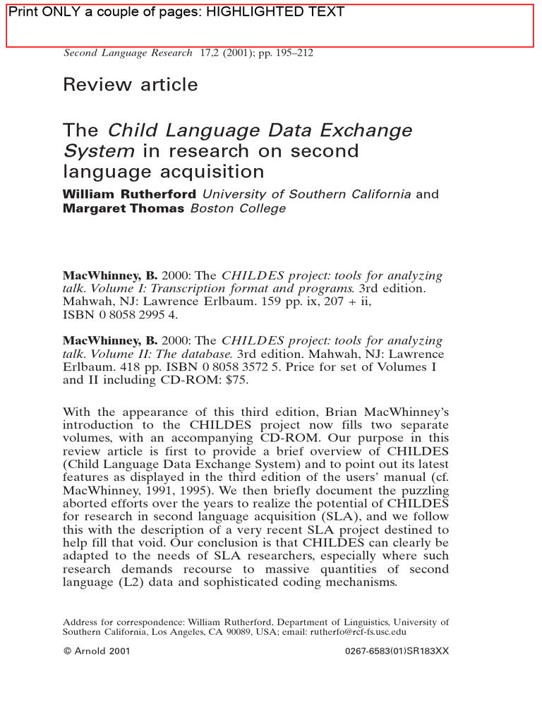 Rutherford & Thomas (2001) Review Article - The CHILDES in SLR | PDF ...