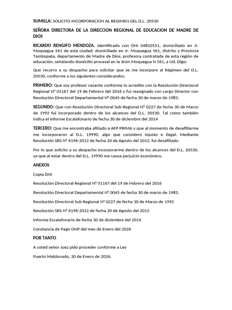 Solicito Incorporacion Al DL 20530 Ricardo Rengifo | PDF