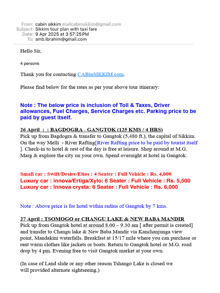 Sikkim Tour Plan With Taxi Fare | PDF | Transport | Vehicles