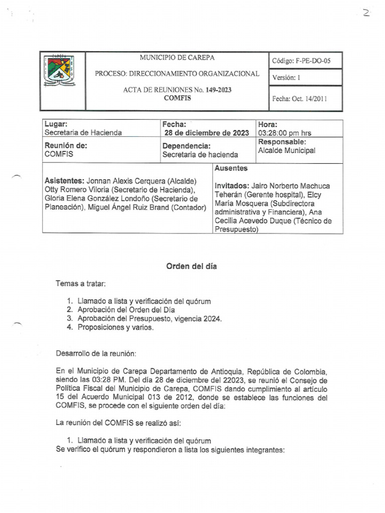 Acta COMFIS Presupuesto 2024 | PDF