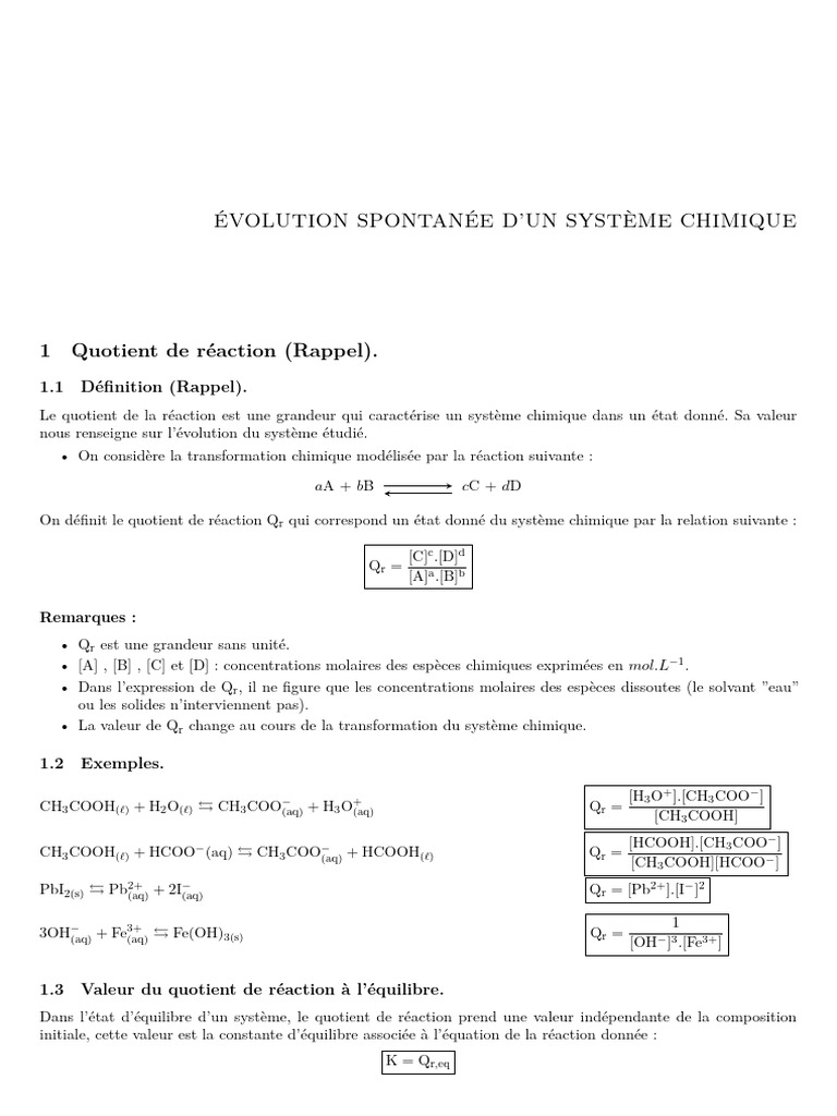 Évolution Spontanée D'un Système Chimique | PDF | Équilibre chimique ...