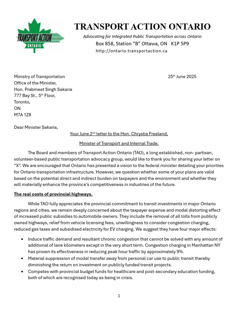 TAO Letter to Hon. Prabmeet Singh 6-25-25 | PDF | Rail Transport | Ontario