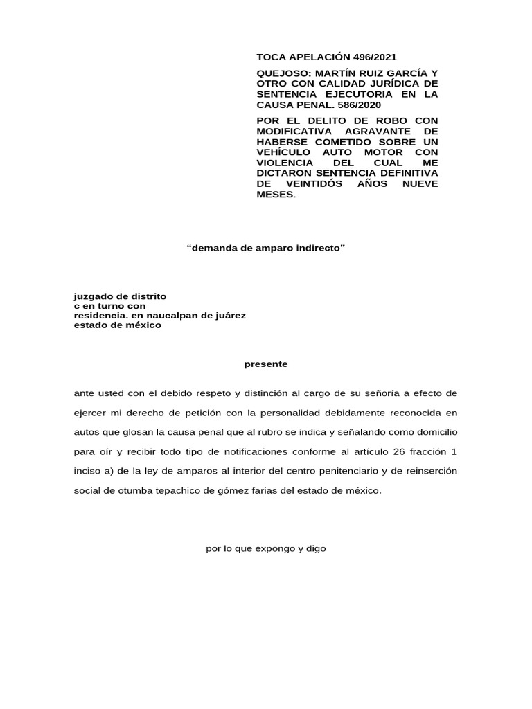 Demanda de Amparo Indirecto | PDF | Debido al proceso | Sentencia (ley)