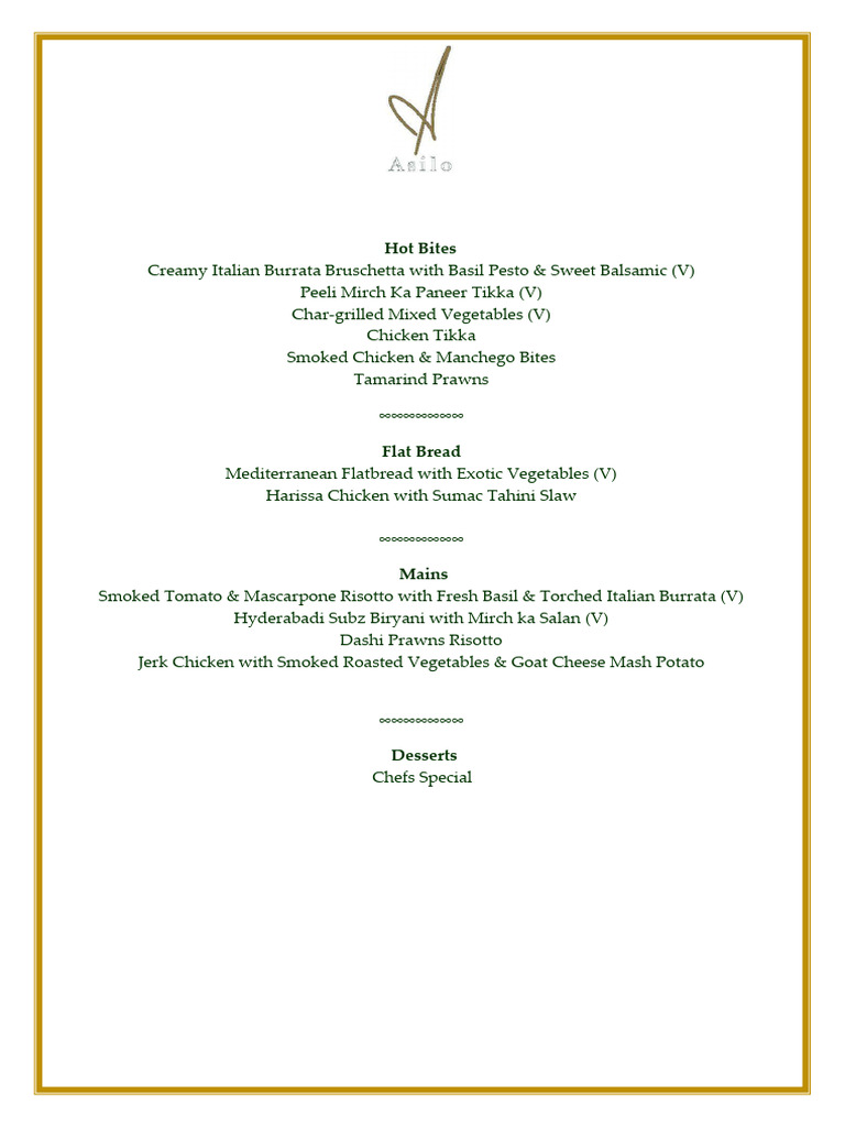 Asilo - Dinner Menu With Indian Options 1 | PDF