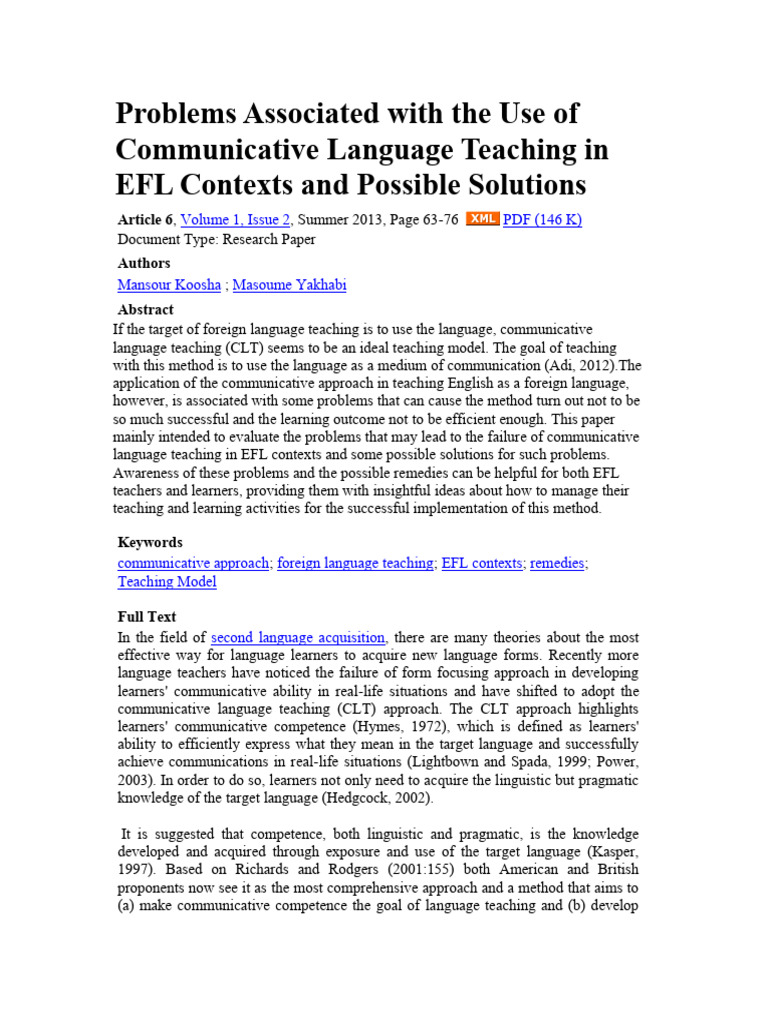 Problems Associated With The Use of Communicative Language Teaching in ...