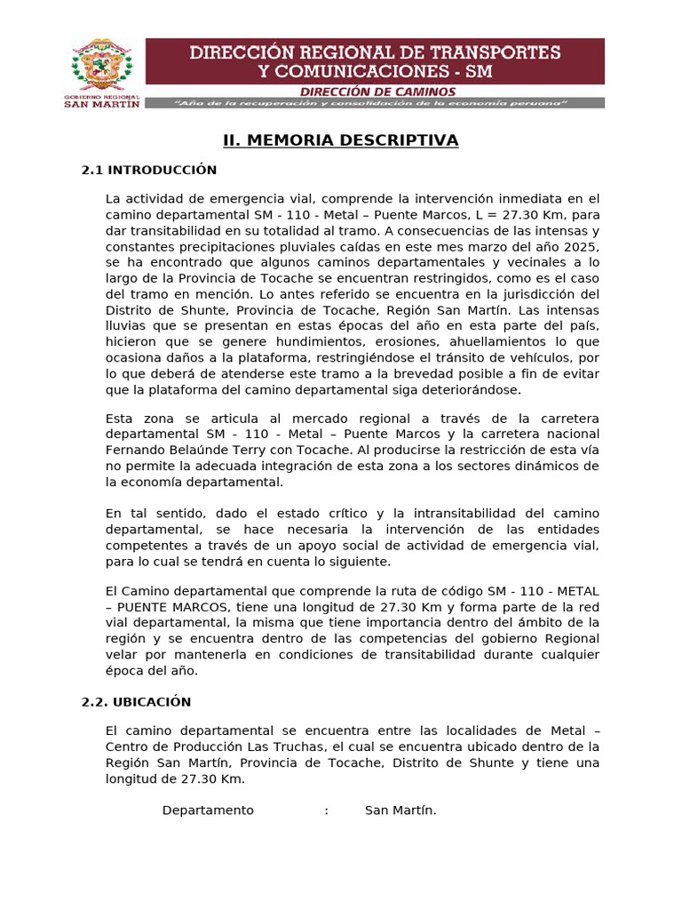 Memoria Descriptiva de Emergencia Vial | PDF | La carretera | Transporte